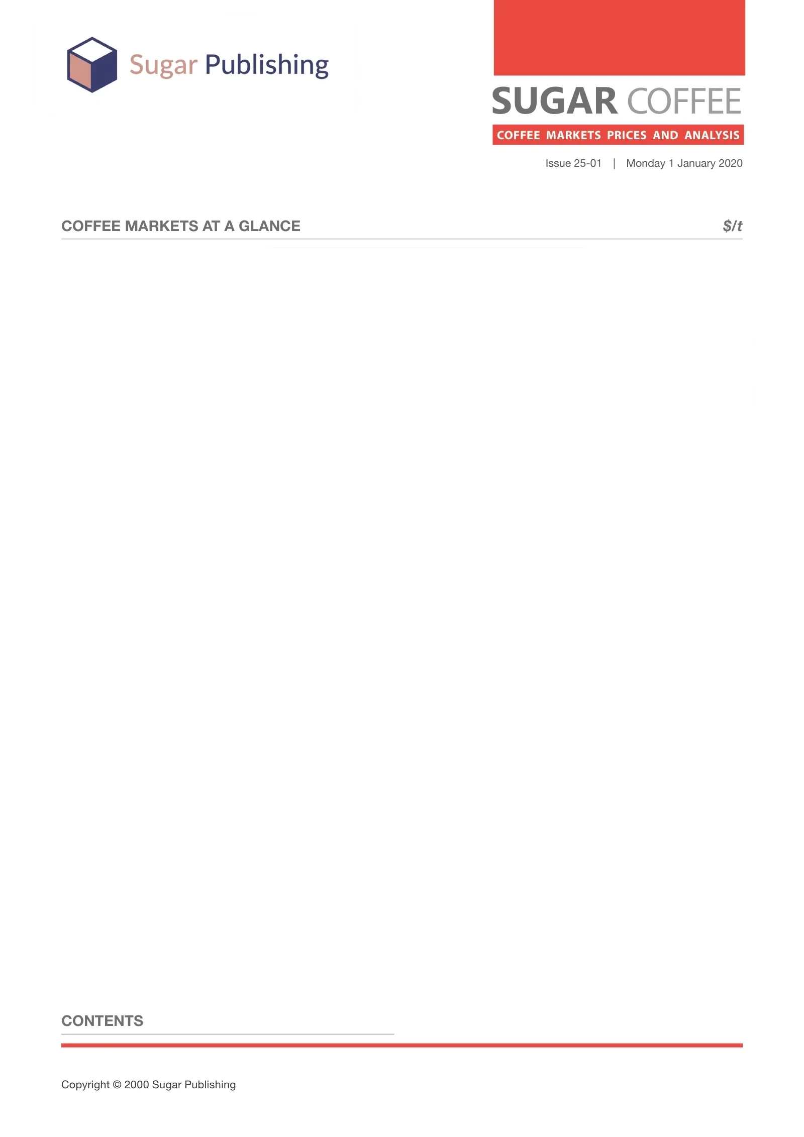The same page before composition: the masthead, the section heading and the contents heading are in place, and every content area between them is empty.