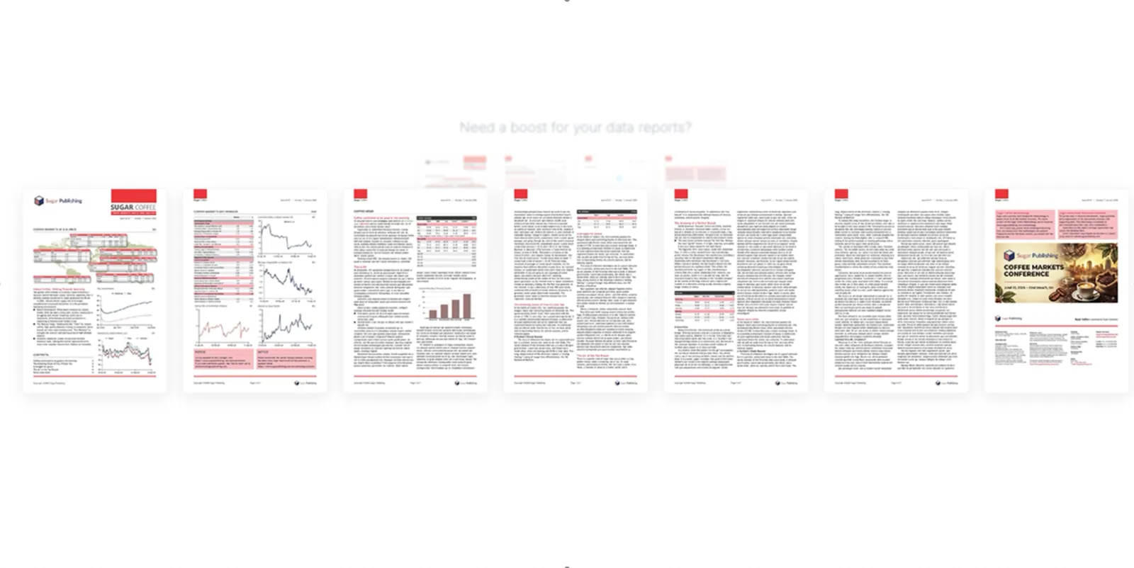 Seven pages of a coffee market report, composed by TypePlus and shown side by side.